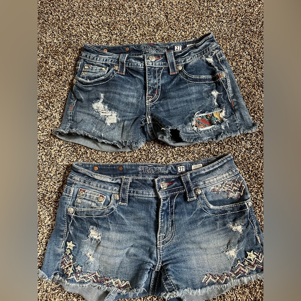 Miss Me Blue Distressed Jean Shorts with Embroidery